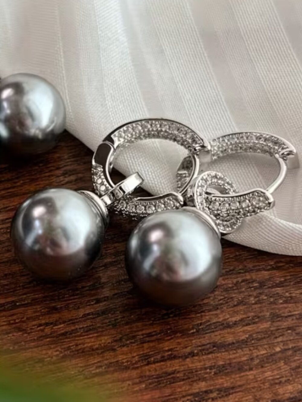 Midnight Ocean Pearl Drop Earrings Gray Faux Pearl & Pavé CZ Sparkle